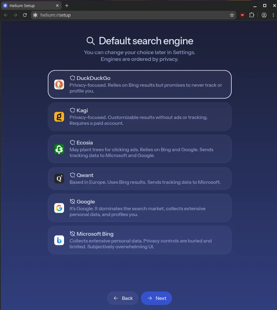 Helium setup default search engine